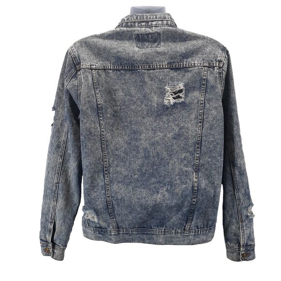 Carbon Mens Denim Trucker Jacket Acid Wash Ripped Distressed Blue Size L - Picture 8 of 9